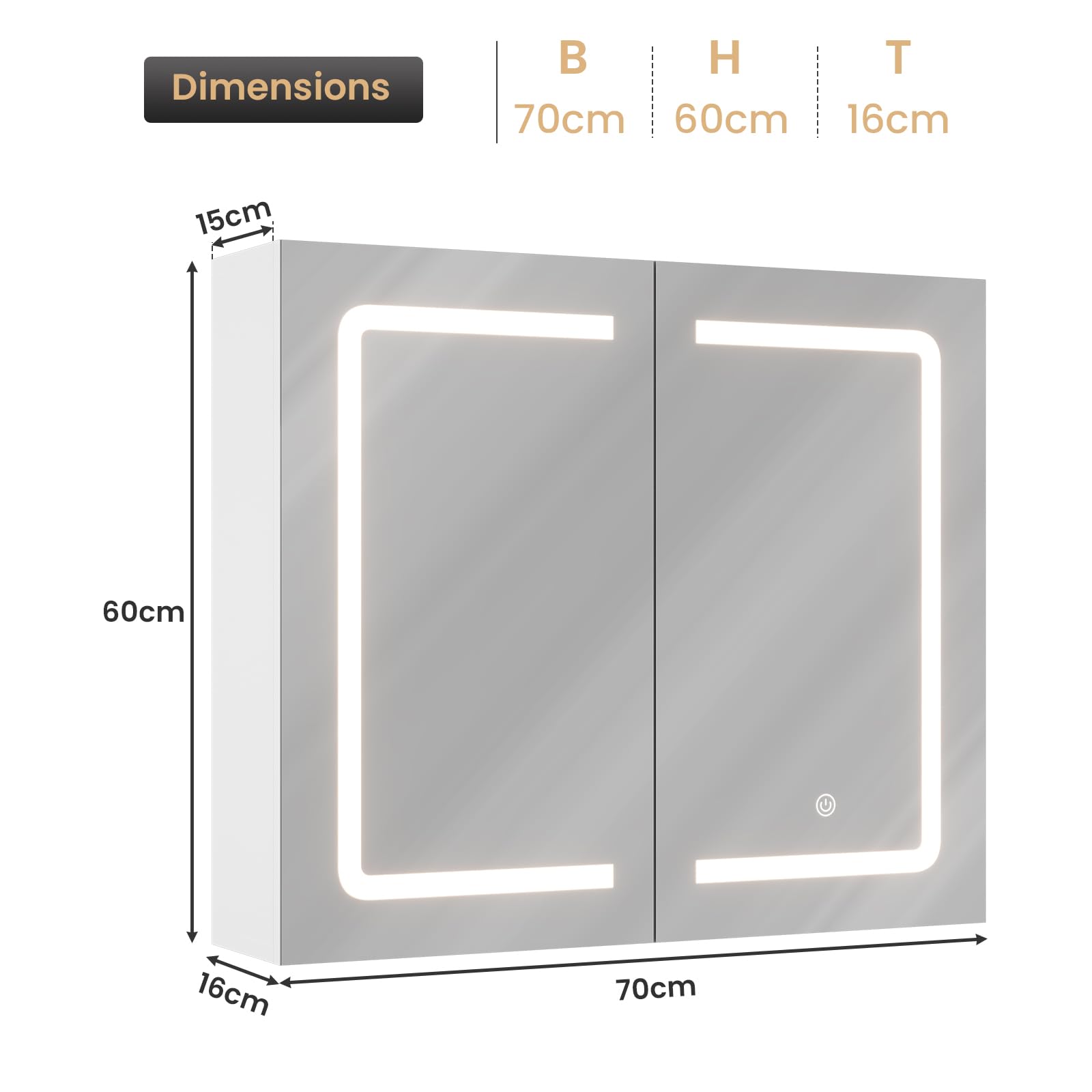 DICTAC Armoire de Salle de Bain avec Miroir et LED éclairage 70x16x60cm Armoire de Toilette Miroir avec Prise et Étagère Réglable,Meuble Pharmacie Salle de Bain,Température de Couleur Réglable,Blanc
