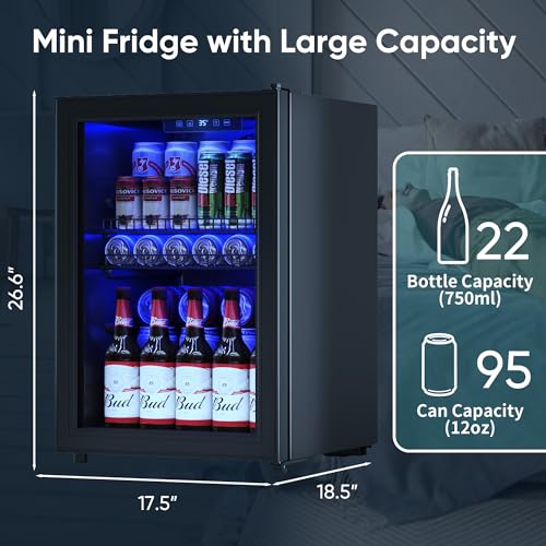 Image of Tehanld 2.5 Cu.Ft Wine Fridge, Mini Fridge With Glass Door, Wine Cooler Refrigerator, Beverage Drink Beer Cooler, Adjustable Shelves & Digital Temperature Display, 22 Bottle 95 Can