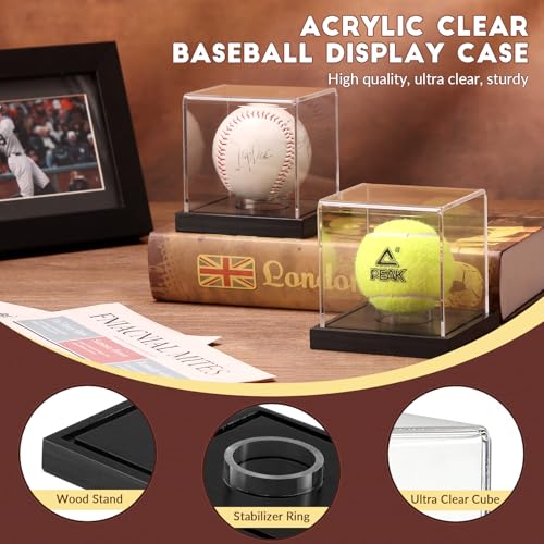 Image of Baseball Display Case, Clear Cube Baseball Holder with Wooden Base, Autograph Baseball Stand Box for Single Ball, Acacia Wood, Black, 1 Pack