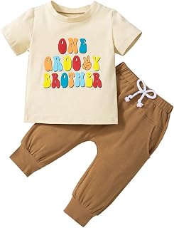 Birthday Baby Boy Outfit Groovy One/Two Groovy Short Sleeve Letters T-shirt and Solid Long Pants Set Summer Clothes