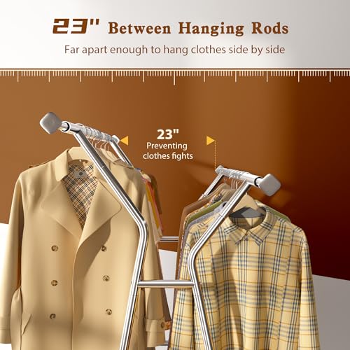 Raybee Clothes Rack Heavy Duty Rolling Clothing Rack With Wheels Load 600Lbs Double Rod Clothing Racks For Hanging Clothes Commercial Portable & Adjustable Garment Rack With Metal Basket thumb #3