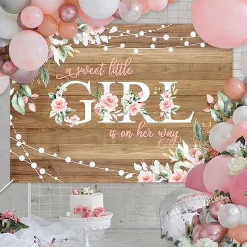 Avezano 7x5 ft Rustic Wood Baby Shower Backdrop A Sweet Little Girl is on Her Way Baby Shower Party Decorations Pink Floral Girl Banner Photo Booth Studio Props by Avezano - Used condition - Image 3