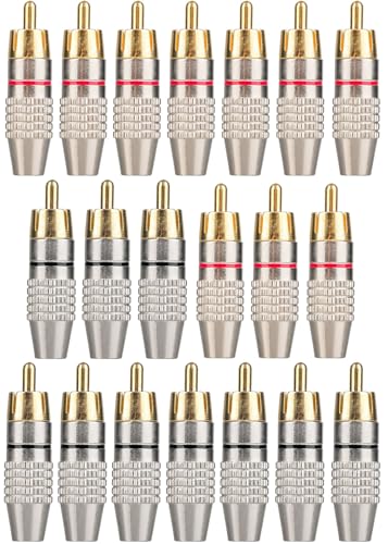 Elechood 20Pack RCA Male Plug Solder Gold Audio Video Cable Adapter Connector for Speaker Wire Wall Plate Home Theater Audio Video Receiver Amplifiers and Sound Systems