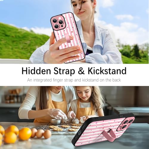 Coque iPhone 15 Pro avec béquille et sangle arrière rose à pois - 4
