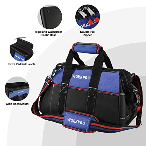 Workpro 16-Inch Wide Mouth Tool Bag, Heavy Duty Cloth Tool Storage Bag With Water Proof Molded Base, Adjustable Shoulder Strap #TOP6
