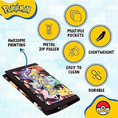 Pokemon Wallet for Boys and Girls, Kids Trifold Purse Canvas Wallets with Zip, Coin and Card Holder - Featuring Charmander & Pikachu