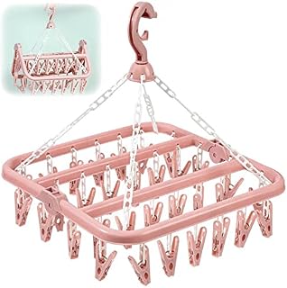 MENFENG Clothes Drying Hanger and Drip Foldable Hanging Sock Rack32 Clips  Multifunction clothes drying rackRotary Wind-sock hanger for washing linefor Socks, Underwear, Bras, Baby Clothes (Pink)