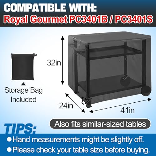 PAMASE Outdoor Dining Grill Cart Cover - 41"L*24"W*32"H, Compatible with Royal Gourmet Worktable PC3401B PC3401S Food Prep Table, Heavy Duty Waterproof BBQ Serving Worktable Metal Movable Station - Image 3