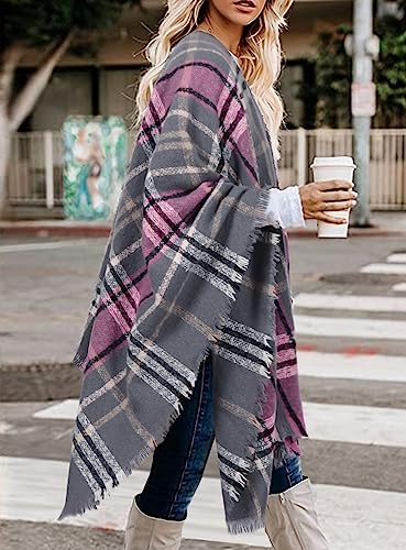 Image of Bestshe Women's Boho Open Front Poncho Plaid Shawl Wrap Cape | Tassel Cardigan Sweater, Cozy Layering, Fall Winter Clothes for Women
