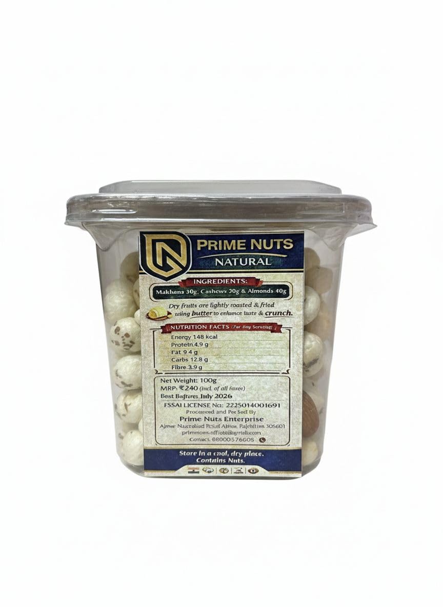 Prime Nuts Natural Roasted Mix Dry Fruits, Makhana, Cashews, Almonds, Butter Fried, 100g-image-25