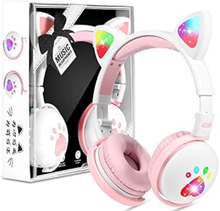 Kids Headphones Wireless, Girls Cat Ear Bluetooth Headphones, Foldable LED Light Up Headphones Over On Ear with Microphone, for Child/Teens/iPhone/iPad/PC/TV, Gift for Birthday/Christmas(White)