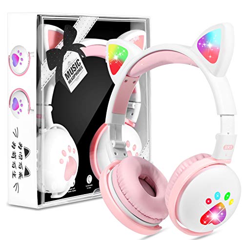 JYPS Kids Headphones Wireless, Girls Cat Ear Bluetooth Headphones, Foldable LED Light Up Headphones Over On Ear with Microphone, for Child/Teens/iPhone/iPad/PC/TV, Gift for Birthday/Christmas(White)