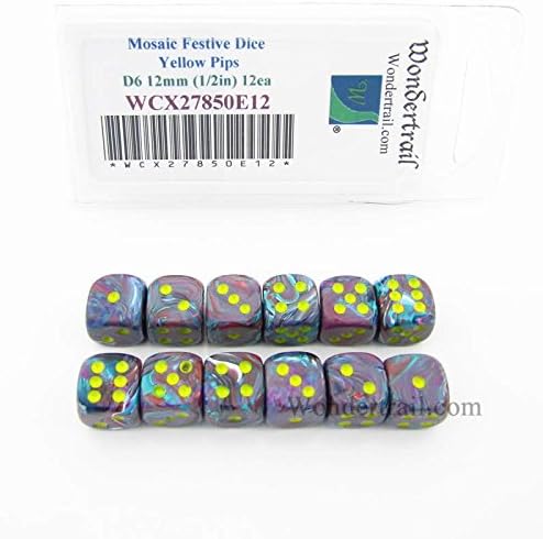 Wondertrail Mosaic Festive Dice with Yellow Pips 12mm (1/2in) D6 Set of 12