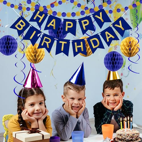 Image of Blue Birthday Decorations, Happy Birthday Banner with Honeycomb Balls, Circle Dot Garland and Hanging Swirl Decorations for Women Men Boys Girls (Blue Gold)