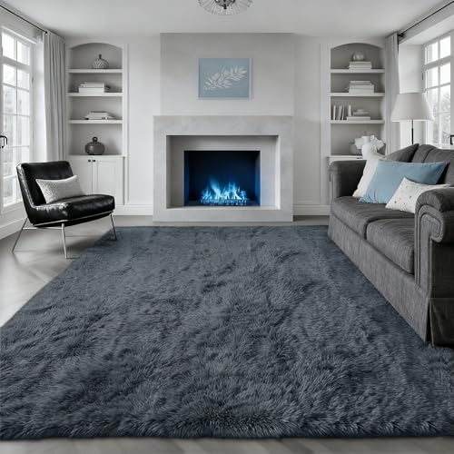 Tapis de salon moelleux 110 x 270 cm gris foncé à poils longs et épais - 3