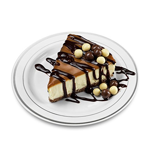 Bloomingoods 50 Plastic Disposable Dessert/Appetizer Plates | 7.5 Inches White With Silver Rim Real China Look | Ideal For Weddings, Parties, Catering | Heavy Duty & Non Toxic (50-Pack) #TOP2