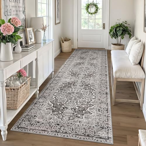 KUTA Vintage Floral Washable Rug Runners 3x10, Tan Grey Non-Slip Kitchen Hallway Long Rugs 10ft with Rubber Backing, Printed Modern Soft Carpet for Entryway Indoor Dining Room