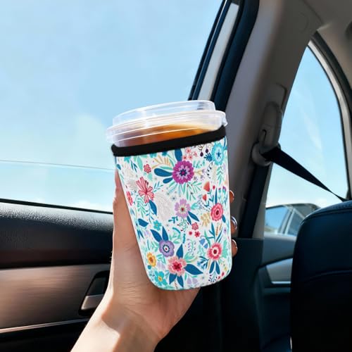 Image of Reusable Insulated Sleeve for Iced Coffee Cup, Coffee Neoprene Sleeve for Cold & Hot Drinks, Beverage Holder for Iced Coffee (Boho Floral, Small: 16-18oz)