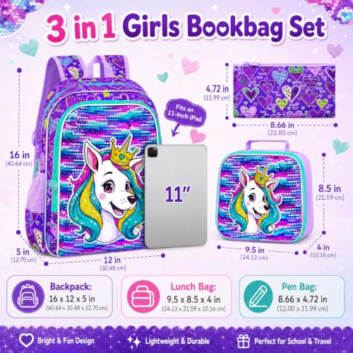 Image of 3Pcs Dog Backpack for Girls, 16 inch Sequin Bookbag Set for Kids, Elementary Preschool Preschool School Backpacks with Lunch Box (Purple)