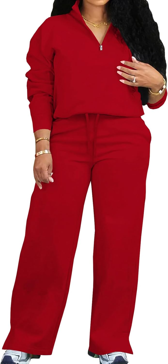 Adogirl Women 2 Piece Outfits Sweatsuit Set Fall Long Sleeve Half Zip Sweatshirt Wide Leg Sweatpants Tracksuit Lounge Sets