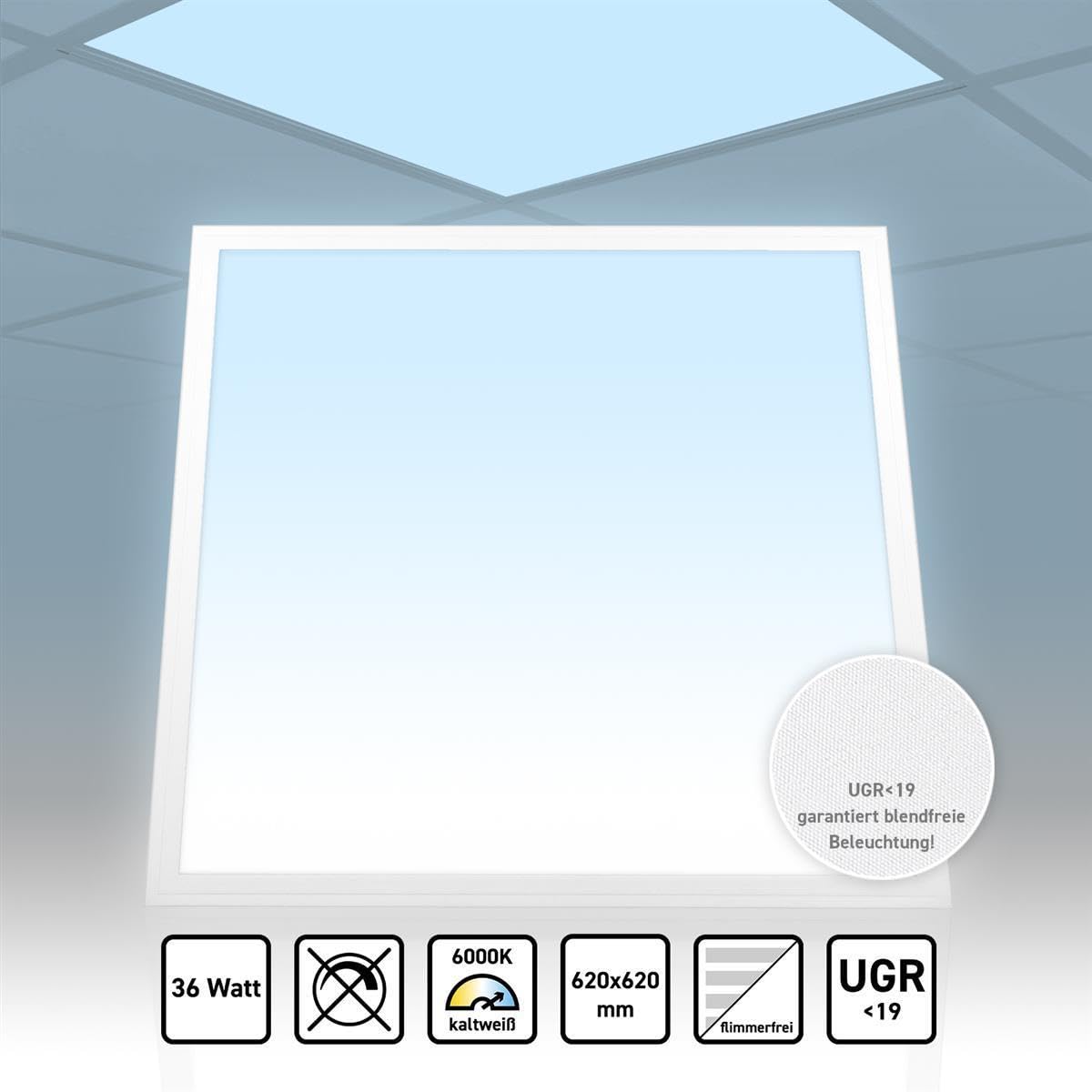 LED Panel 62x62 Tageslichtweiß 6000K 36W UGR<19 blendarm Rasterleuchte