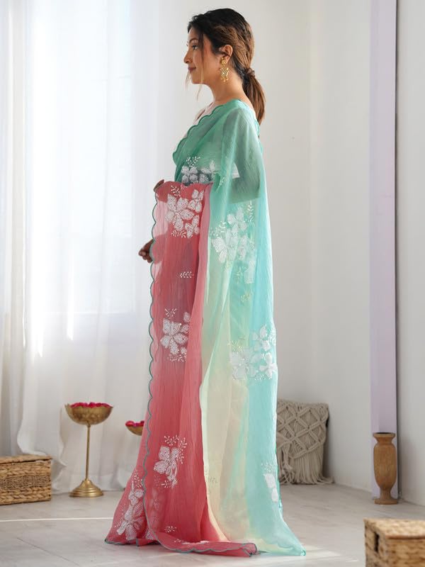 Image of Women's Orange-Yellow Ombre Saree with Floral Embroidery | Lightweight & Festive Saree | Elegant Ethnic Wear for Women