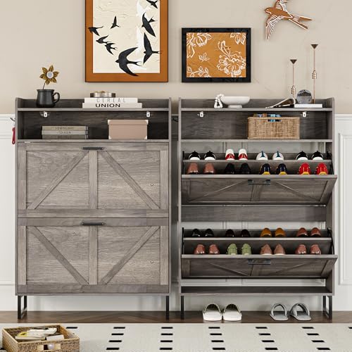 Image of BORNOON Shoe Cabinet with 2 Flip Drawers Narrow Shoe Storage Organizer Wooden Freestanding Rack Hidden Slim Shoes Storage Cabinet for Entryway, Hallway, Living Room, Bedroom (Grey)