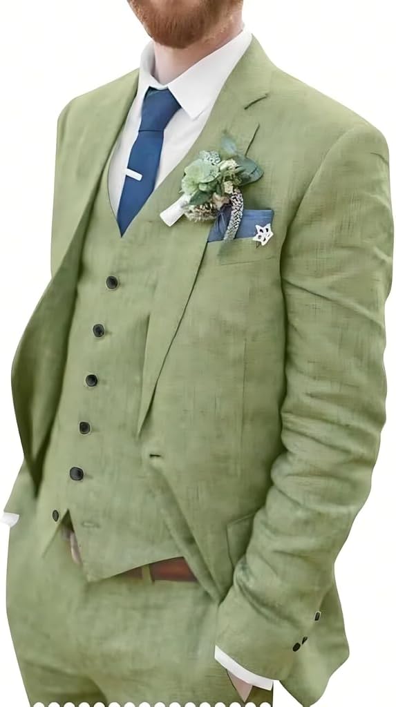 Retro Linen Men Suit Beach Wedding Suit 3 Piece Summer Slim Fit Jacket Vest Pant Tuxedo