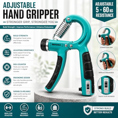 Image of Sports Adjustable Hand Grip (5kg-60kg) Strengthener with Counter | Forearm Exerciser for Men & Women | Gym Workout Hand Exercise Equipment for Home Use | Stainless Steel Spring (Sea Green)