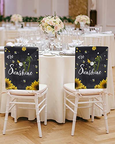 Zoe Garden Bee Sunflower Chair Back Covers For Dining Room Set Of 4 Pack, Large Kitchen Stretch Dinner Chair Slip Cover, Removable Washable Slipcover Protectors Black Farmhouse Flowers #TOP5