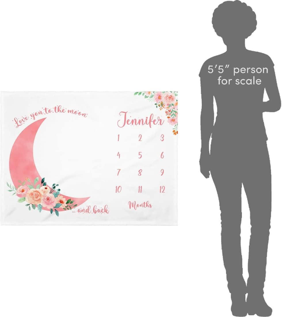 Milestone Monthly Personalized Blanket for Baby Girl & Boy. Custom Name Fleece Soft Throw from Baby's Name. Gift for New Born, Dad Mom Grandparents Christmas (Moon and Back Pink)
