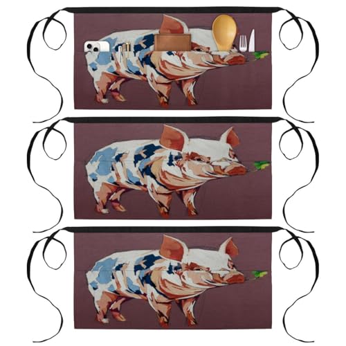 Lot de 3 tabliers courts de chef à 3 poches motif cochon pour bistrot