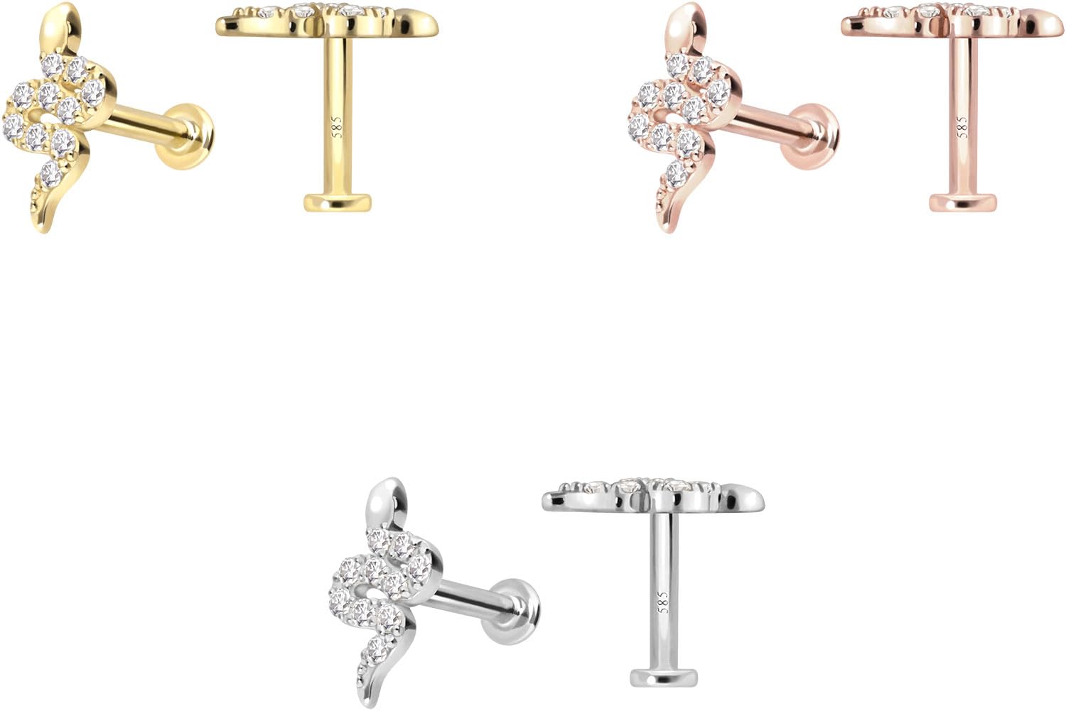 PIERCINGLINE Piercing Stecker 14 Gold Labret mit Push Fit MOISSANIT-SCHLANGE 585er Gold - Roségoldfarben, Goldfarben, Silberfarben