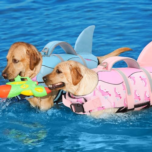AOFITEE Schwimmweste Hund Groß, Ripstop Große Hundeschwimmweste Hai, Verstellbar & Ripstop Schwimmweste für Hunde mit Rettungsgriff, Rettungsweste Hunde Labrador Hundeweste Schwimmen, Rosa Wal, L