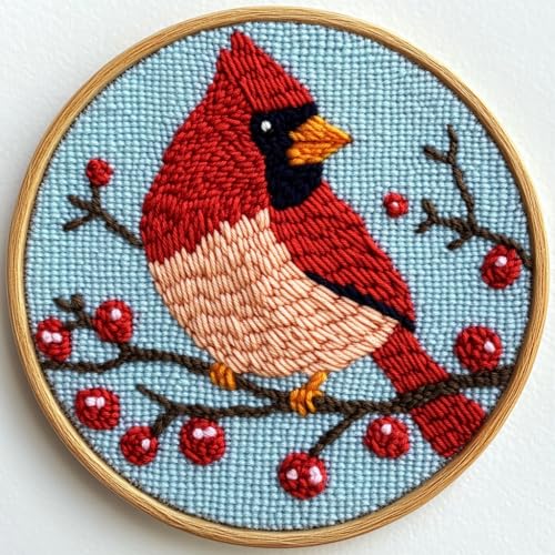 Image of DIY Punch Needle Kits Red Cardinal on Red Berry Tree with Hoop 20x20cm-3 | with Pattern Stamped Easy for Beginners Embroidery Punch Needle Starter Craft Set for Adults Festival Gift and Decoration