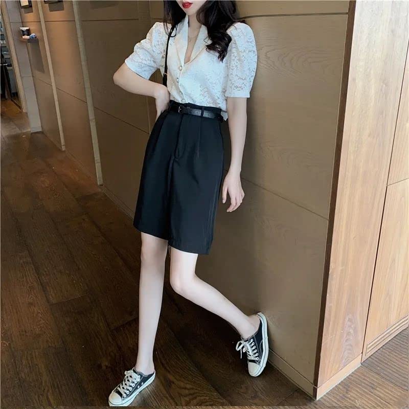 Short Femmes Couleur Solide Haute Taille Tout-Match Five Points Suit Shorts avec Ceinture