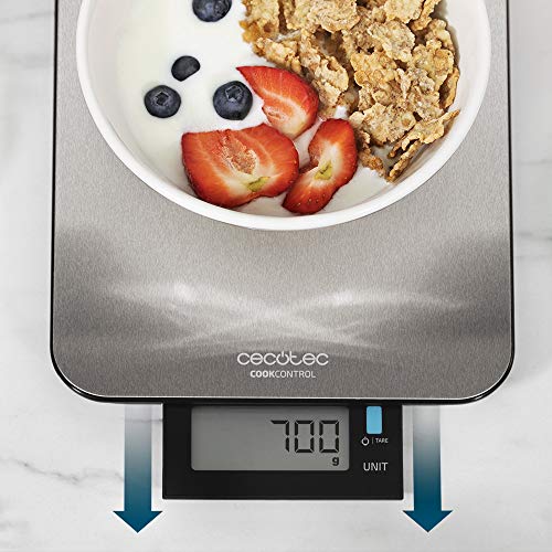 Cecotec Balance de Cuisine Cook Control 9000 Waterproof. Acier Inoxydable, Résistante à l’Eau, Écran LCD Rétro-illuminé qui s’extrait , Capacité Maximale 10 kg.