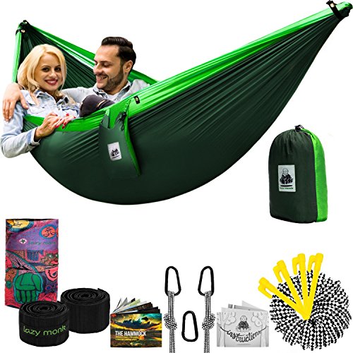 Lazy Monk 2 Person Hammock w/Tree Straps | Portable Foldable Parachute Double Hamock Outdoor, Travel, Camping | Hamaca para dos | Complete Two People Couple Patio Backyard Outside Hanging Swing Amaca