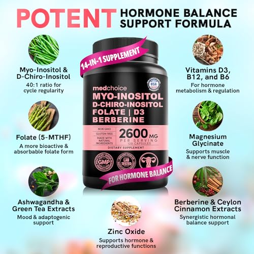 14-in-1 Inositol Supplement - Fertility Supplements for Women (2600mg) - 40:1 Myo-Inositol & D-Chiro Inositol, PCOS Supplement to Regulate Menstrual Cycle & Ovarian Support Vitamins - 120 Capsules