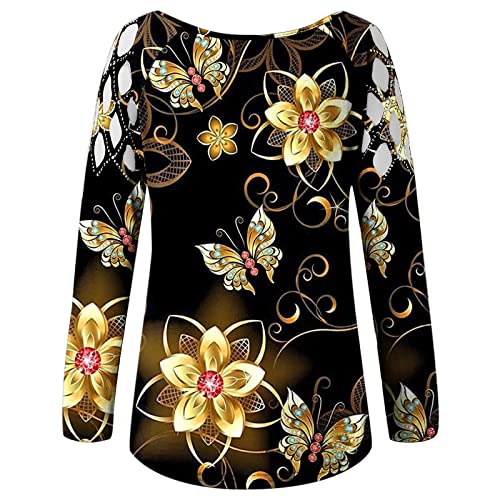 Women Casual Tops Butterfly Printed Pullover Crewneck Cut Hollow Rhinestone Blouse Long Sleeve Sexy Loose Fit T Shirt #TOP4