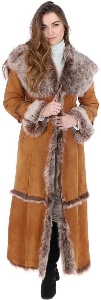 Timber&Hide Women’s Long Sheepskin Coat – Tan Shearling Coat Women