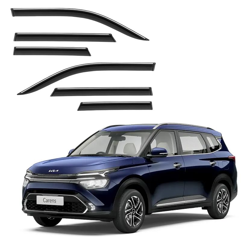 Image of CAR SAAZ Side Door Visors for CARENS (Set of 6Pcs)|Chrome Lined Rain Guards, Polycarbonate, Smoke Finish