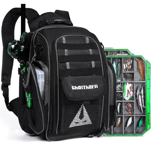 Ghosthorn Fishing Backpack 2 * 3700 Tackle Boxes 40L Waterproof Tackle Backpack with Rod Holders Large Outdoor Storage Tackle Bag for Fishing Men Women