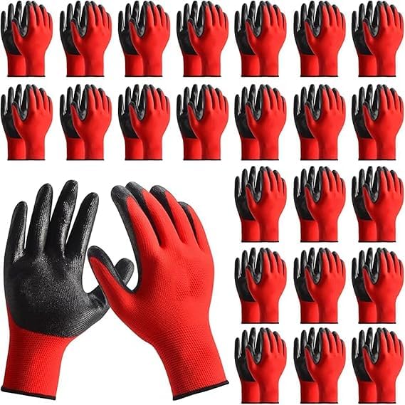 50 Paar Arbeitshandschuhe Herre,robuste & komfortable Gartenhandschuhe Herren,Arbeitshandschuhe Damen,Mechaniker Handschuhe mit Latex Beschichtung für Heimwerken Gartenarbeit(Rot und Schwarz)