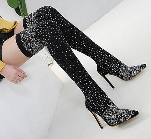 Ichlovdu Damen Overknee Stiefel mit Strass Sexy Stretch Stiletto High Heels Spitz Zehe Elastisches Material