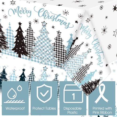 Ganeen 3 Pcs Christmas Tablecloth Disposable Plastic Merry Christmas Trees Table Cloth Snowflakes Star Buffalo Plaid Blue Rectangle Table Cover Waterproof for Xmas Winter Party Decor, 54 x 108 Inch – Image 4