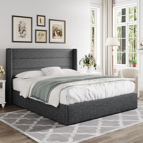 Allewie Full Size Lift Up Storage Bed, Modern Wingback Headboard, Hydraulic Support, No Box Spring Needed, Dark Grey
