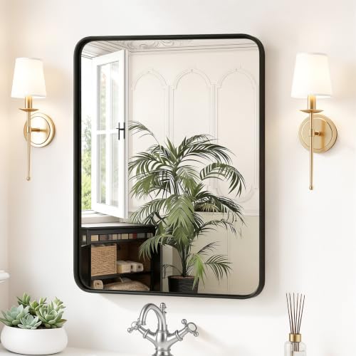 Image of Sweetcrispy Bathroom Wall Mirror, 30x22 Inch Mirror for Over Sink, Black | Modern Rounded Rectangle Wall Mount Vanity Mirrors with Matte Metal Framed, for Home Decor, Living Room, Bedroom