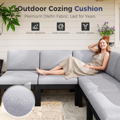 Image of Modular Outdoor Patio Conversation Set, 7-Piece L-Shaped Sectional Sofa Set with Coffee Tables & Thick Cushions, Easy Side Interlock, HIPS All-Weather Patio Furniture Set for Backyard, Deck, Poolside