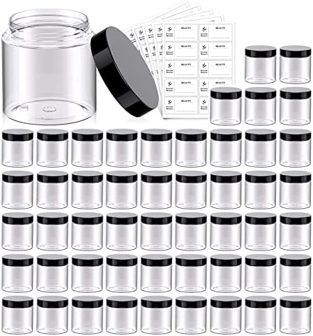 4 OZ Plastic Jars with Black Lids 50 Pack Round Clear Cosmetic Container, Eternal Moment Slime Jars for Lotion, Cream, Ointments, Makeup, Eye shadow, Rhinestone, Samples, Pot, Travel Storage